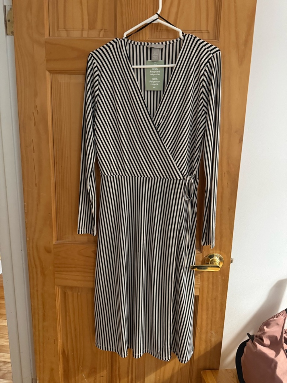 H&M Black and White Vertical Striped Wrap-Style Long Sleeve Dress